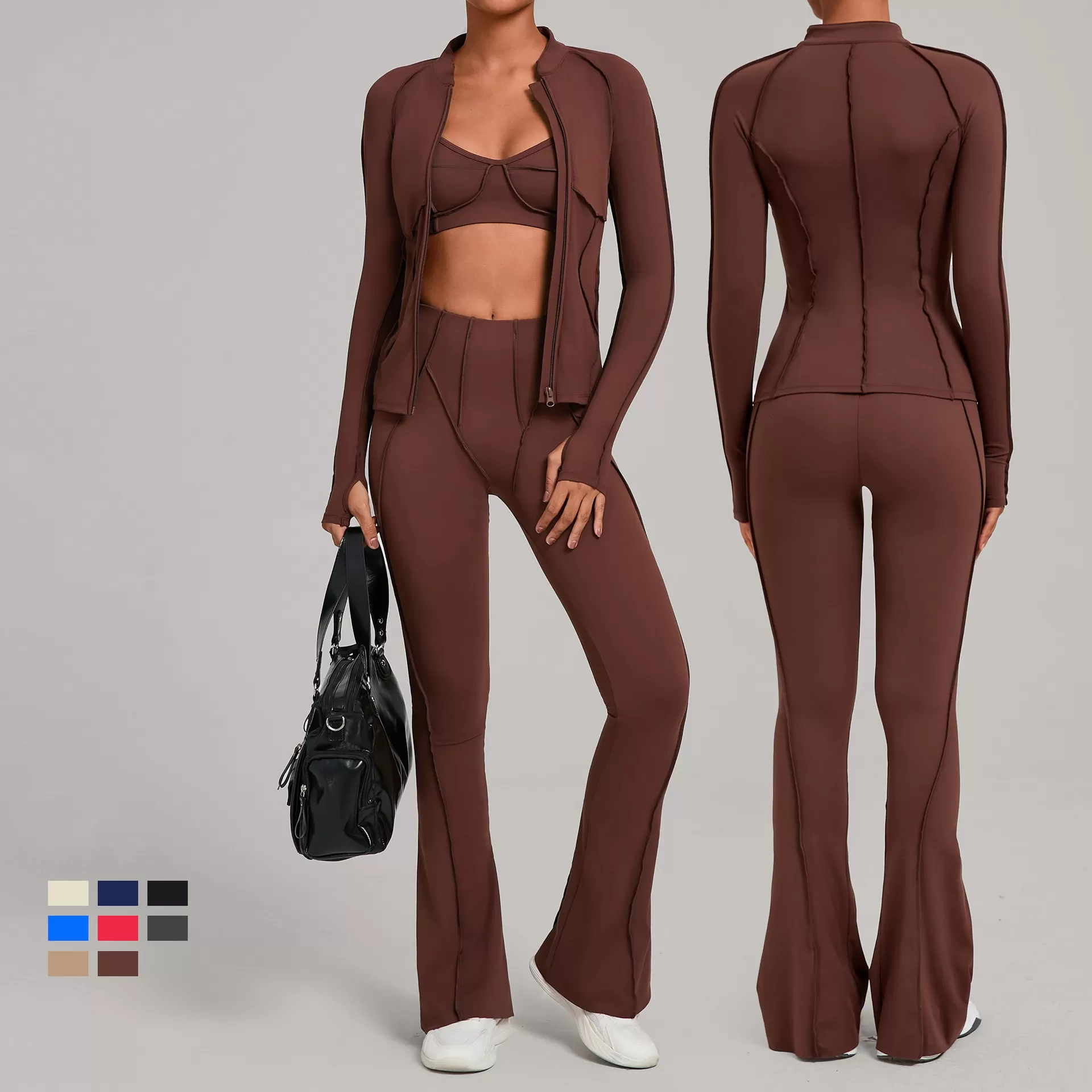 Women's Full Zipper Jacket Sports Bra Butt Lift Flare Leg Pants-Three Piece Yoga Gym SetFGB3321+86040+25098