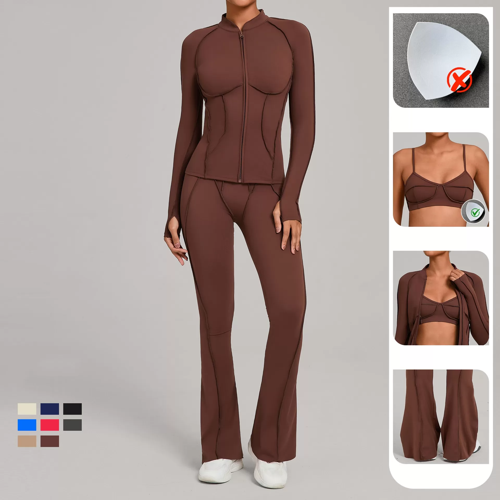 Women's Full Zipper Jacket Sports Bra Butt Lift Flare Leg Pants-Three Piece Yoga Gym SetFGB3321+86040+25098