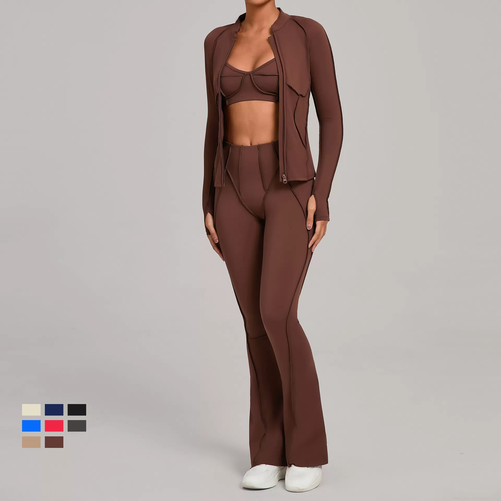 Women's Full Zipper Jacket Sports Bra Butt Lift Flare Leg Pants-Three Piece Yoga Gym SetFGB3321+86040+25098