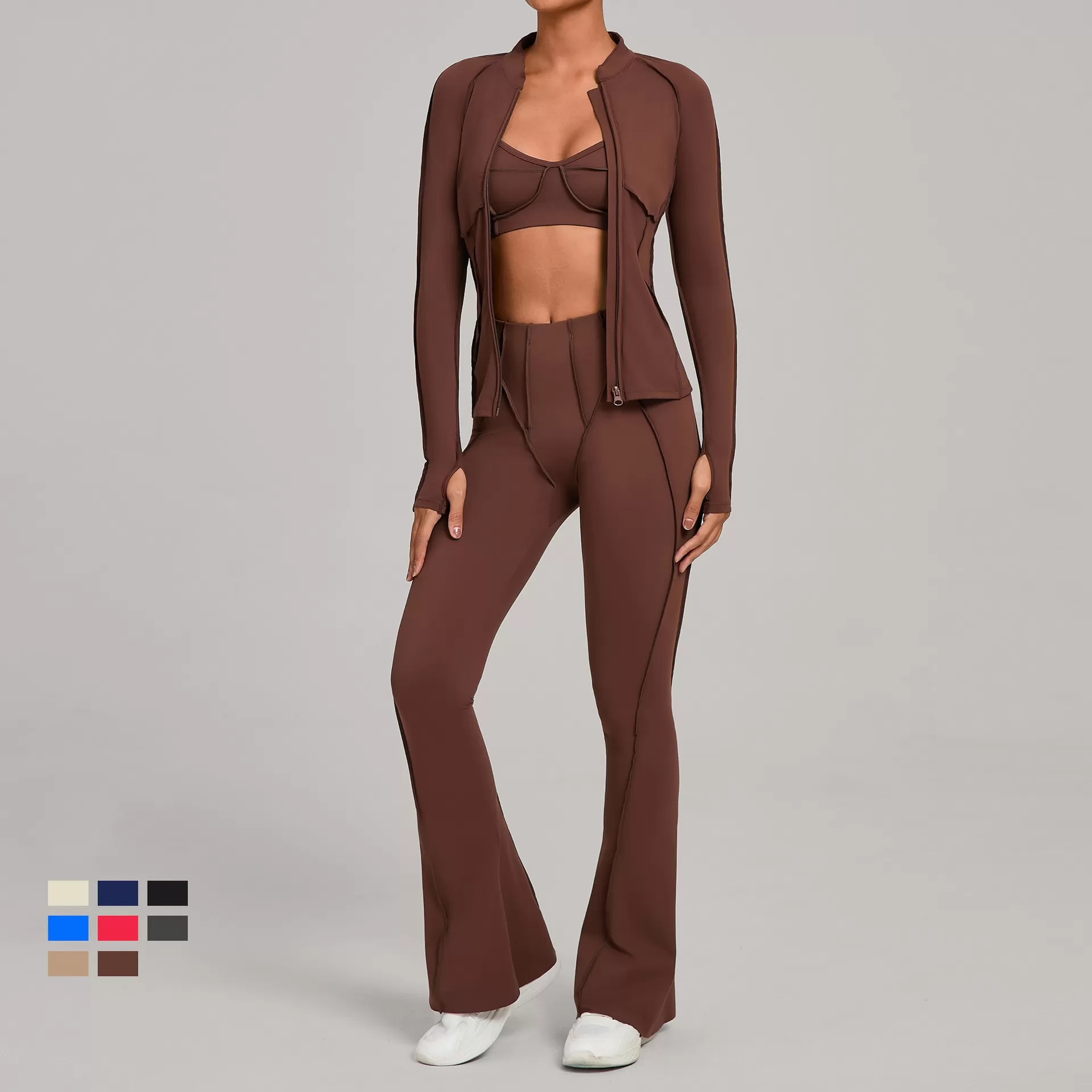 Women's Full Zipper Jacket Sports Bra Butt Lift Flare Leg Pants-Three Piece Yoga Gym SetFGB3321+86040+25098