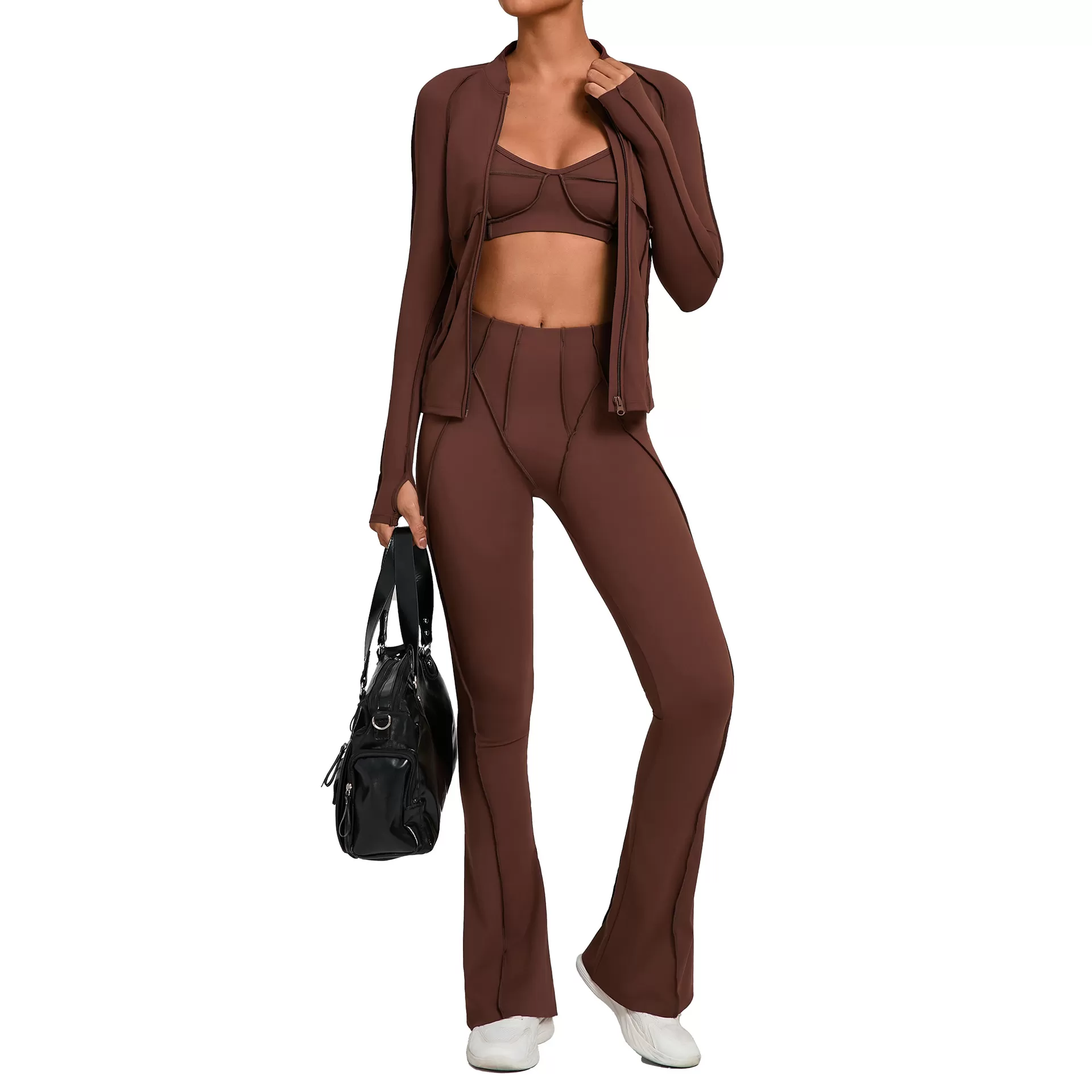 Women's Full Zipper Jacket Sports Bra Butt Lift Flare Leg Pants-Three Piece Yoga Gym SetFGB3321+86040+25098