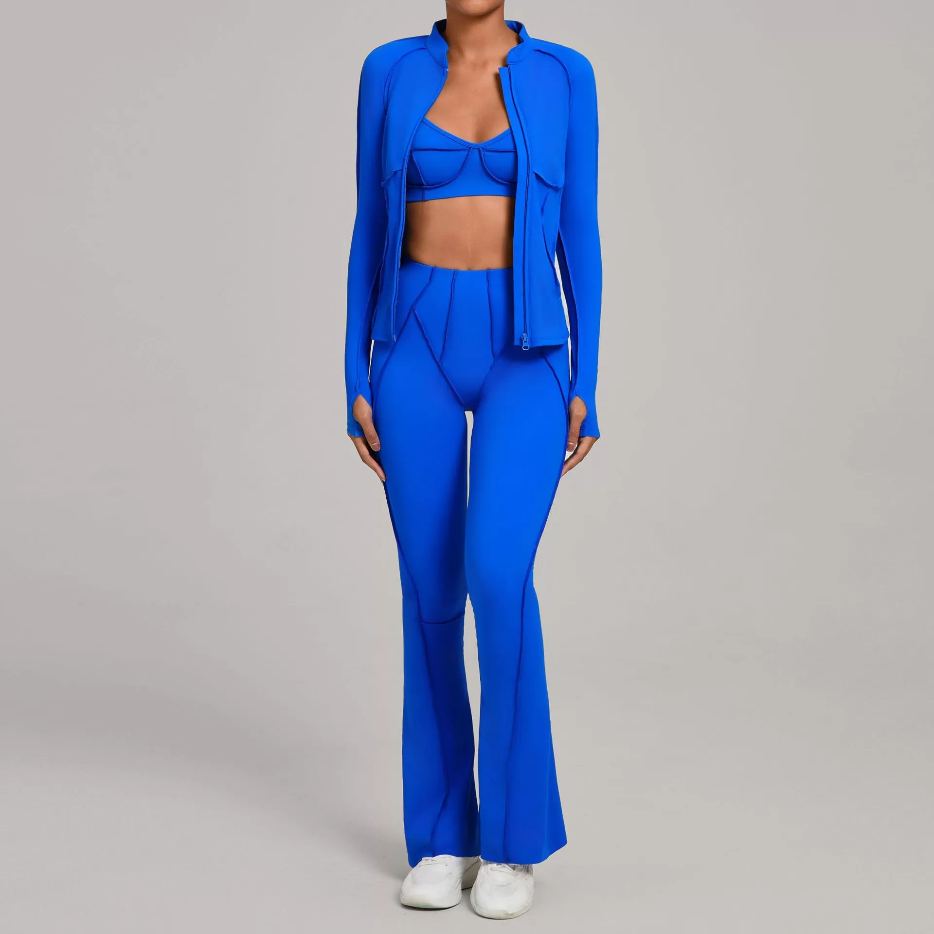 Women's Full Zipper Jacket Sports Bra Butt Lift Flare Leg Pants-Three Piece Yoga Gym SetFGB3321+86040+25098