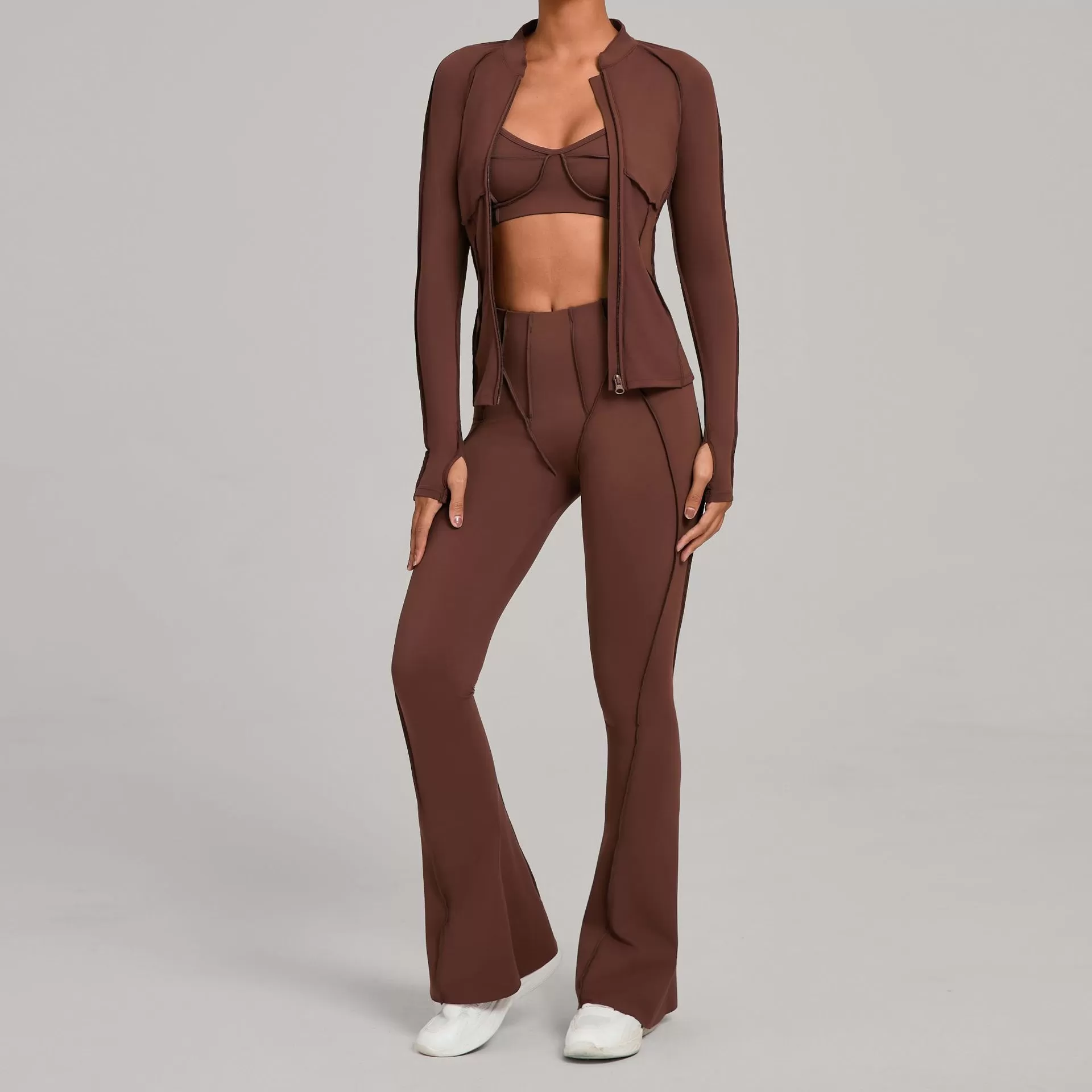 Women's Full Zipper Jacket Sports Bra Butt Lift Flare Leg Pants-Three Piece Yoga Gym SetFGB3321+86040+25098