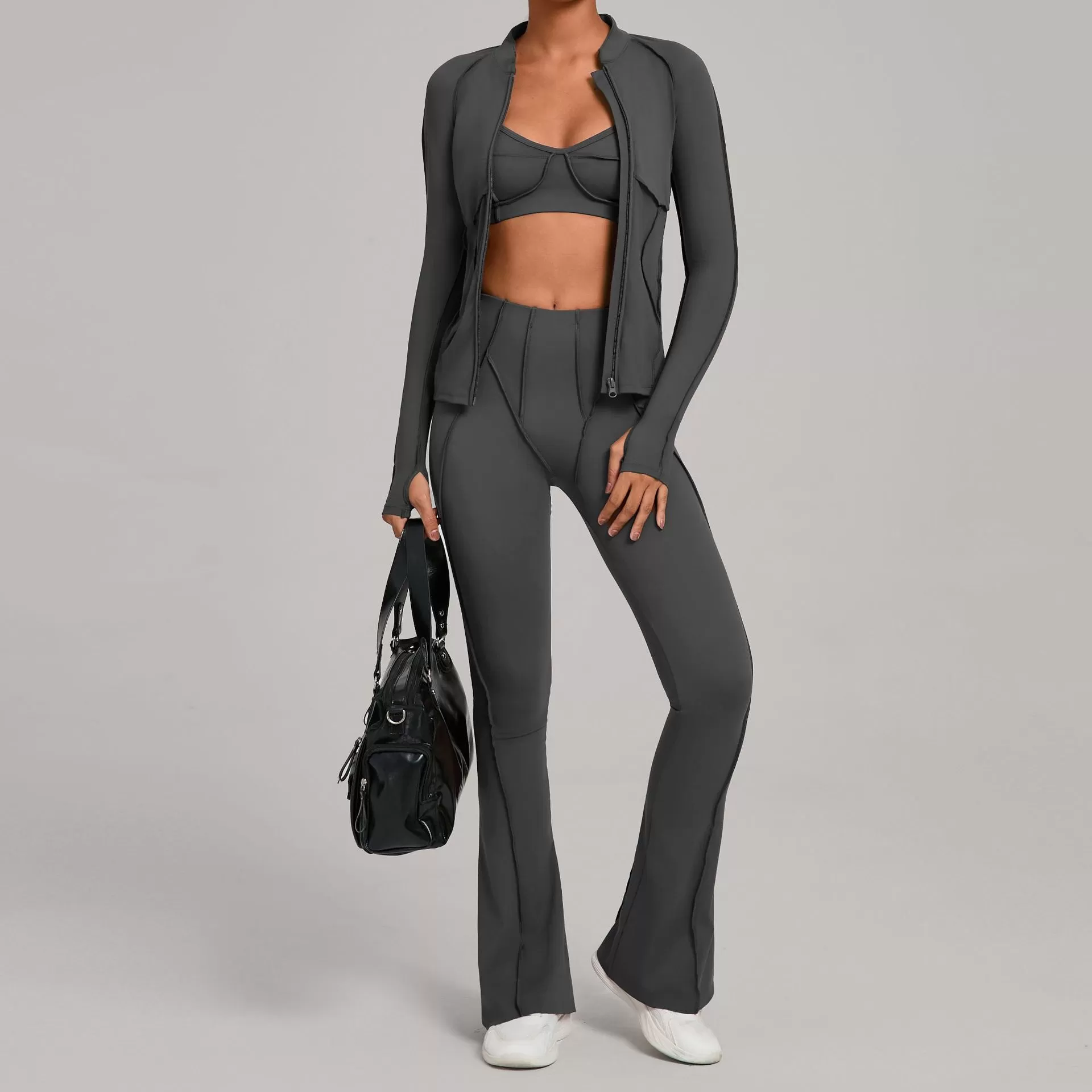 Women's Full Zipper Jacket Sports Bra Butt Lift Flare Leg Pants-Three Piece Yoga Gym SetFGB3321+86040+25098