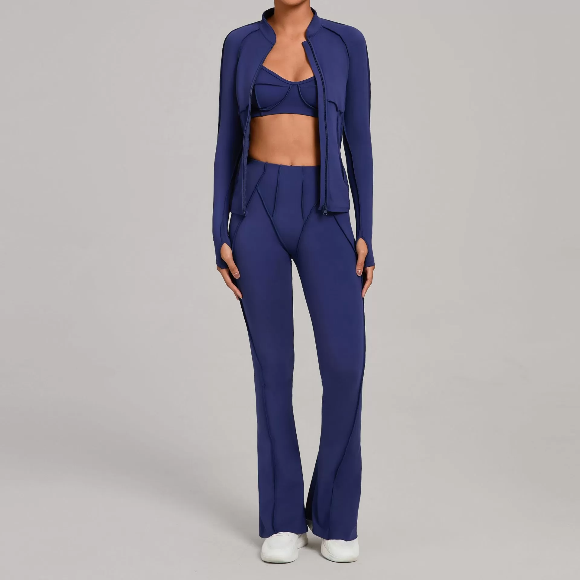 Women's Full Zipper Jacket Sports Bra Butt Lift Flare Leg Pants-Three Piece Yoga Gym SetFGB3321+86040+25098