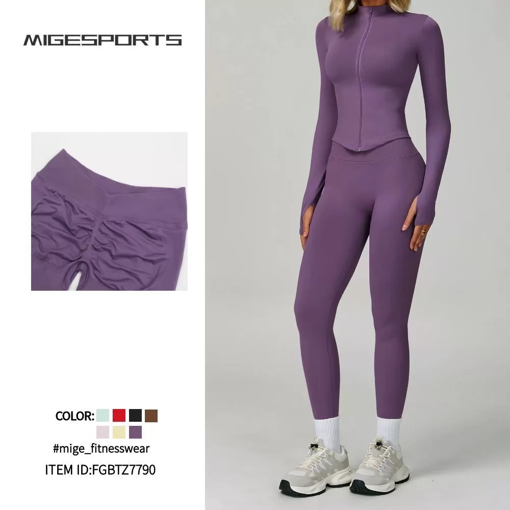 Women Seamless Slim Fit Yoga Set Sports High Waist Leggings  Zipper Jacket Coat Fitness Gym SetFGBTZ7790