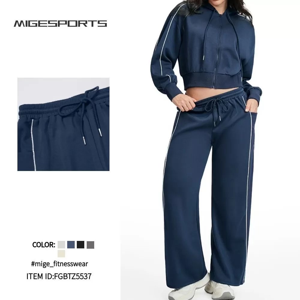 Women Drawstring Hemline Zip Jackets and High-waisted Wide-leg Sweatpants Yoga Set for Women FGBETZ5537