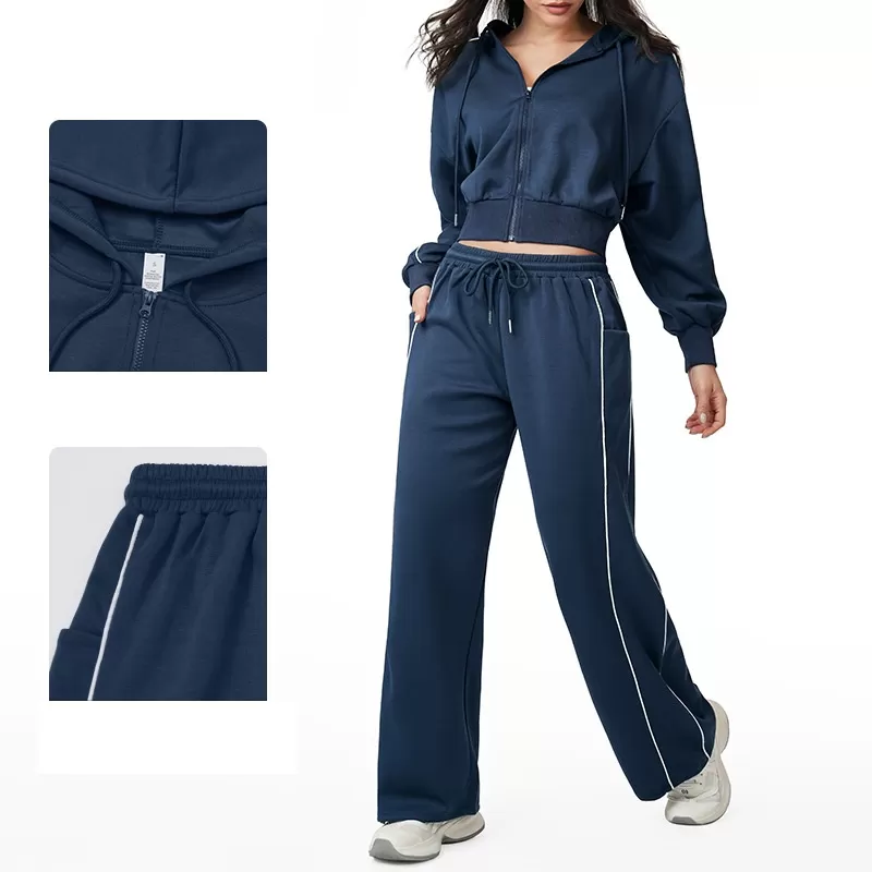 Women Drawstring Hemline Zip Jackets and High-waisted Wide-leg Sweatpants Yoga Set for Women FGBETZ5537