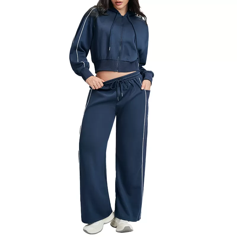 Women Drawstring Hemline Zip Jackets and High-waisted Wide-leg Sweatpants Yoga Set for Women FGBETZ5537