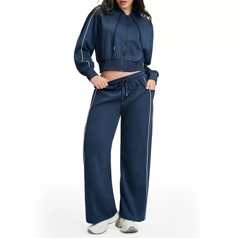Women Drawstring Hemline Zip Jackets and High-waisted Wide-leg Sweatpants Yoga Set for Women FGBETZ5537