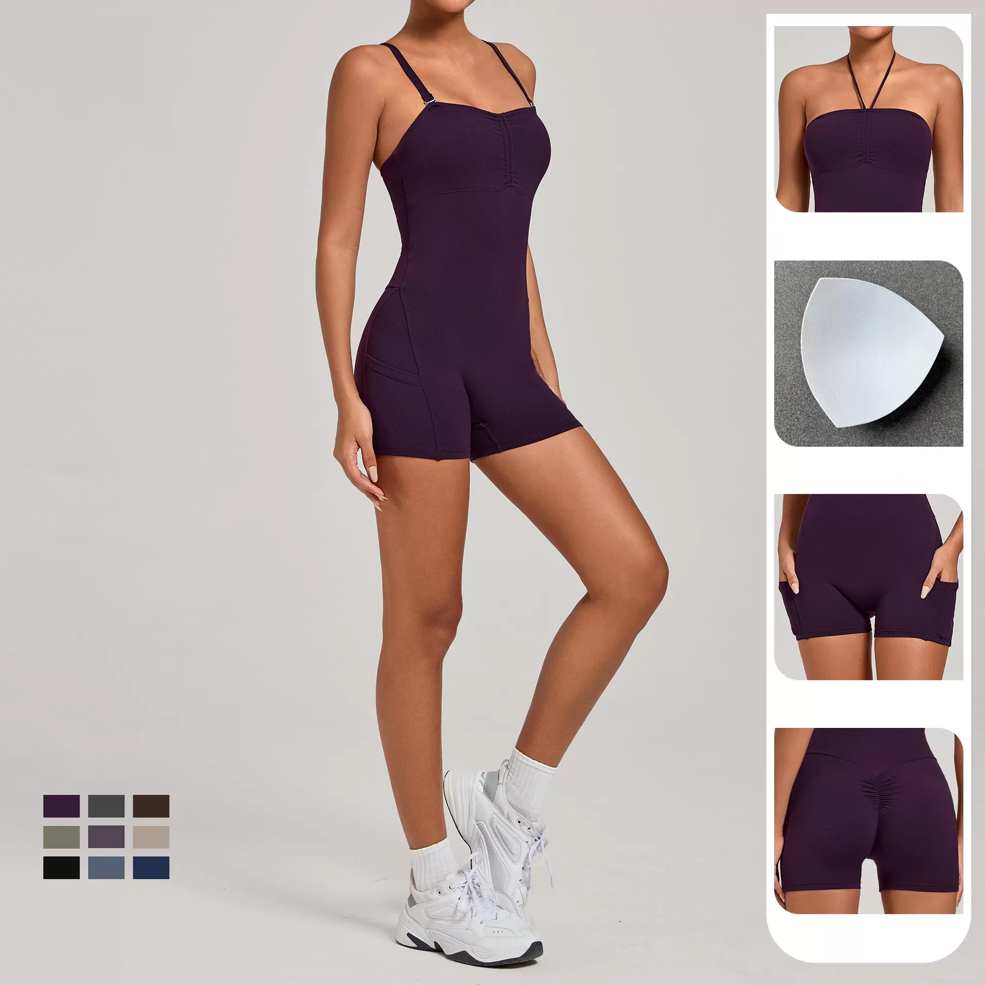 Women's Multiple Wearing Ways Sleeveless Yoga Shorts Jumpsuit Scrunch Butt Workout  Sports Outfits with Pockets FGB15177