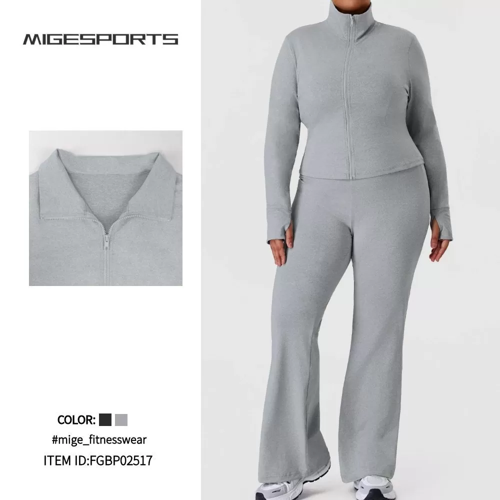 Plus Size Women Wrokout Outfit Pants Yoga Suit Activewear Plus Size Long Sleeve Jacket Gym Fitness Sets FGBP02517