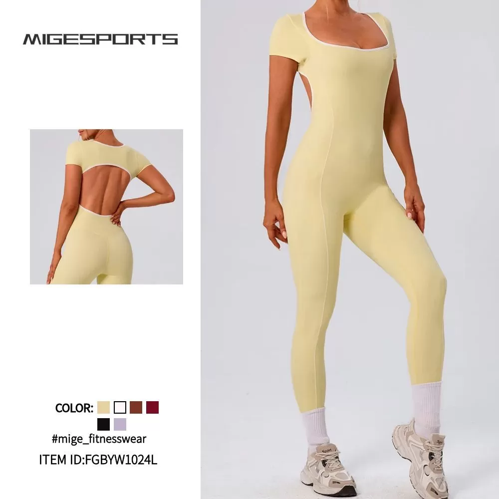 Fitness Bodysuit One Piece Gym Jumpsuit Short Sleeve Workout Jumpsuit for Women Yoga One Piece Jumpsuit Gym Wear Active Rompers FGBYW1024L