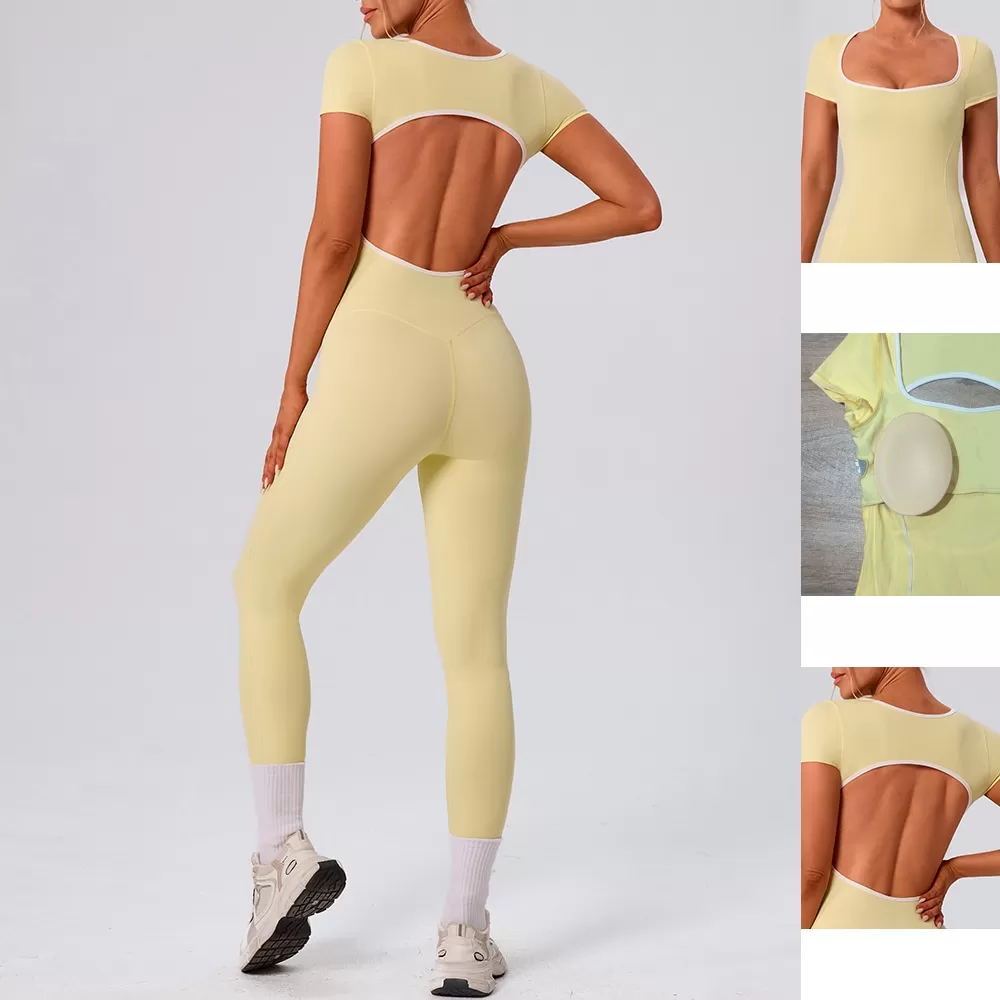 Fitness Bodysuit One Piece Gym Jumpsuit Short Sleeve Workout Jumpsuit for Women Yoga One Piece Jumpsuit Gym Wear Active Rompers FGBYW1024L