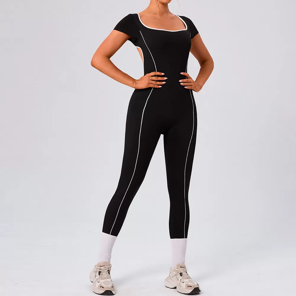 Fitness Bodysuit One Piece Gym Jumpsuit Short Sleeve Workout Jumpsuit for Women Yoga One Piece Jumpsuit Gym Wear Active Rompers FGBYW1024L