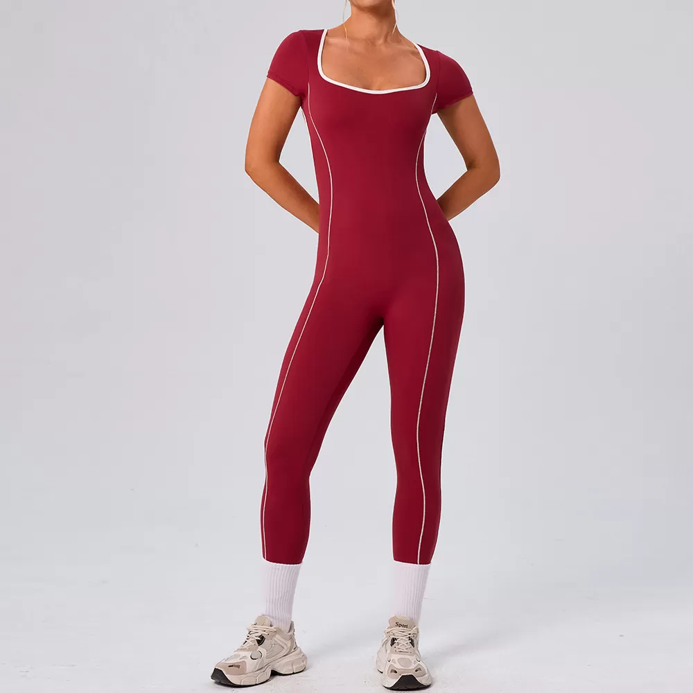 Fitness Bodysuit One Piece Gym Jumpsuit Short Sleeve Workout Jumpsuit for Women Yoga One Piece Jumpsuit Gym Wear Active Rompers FGBYW1024L