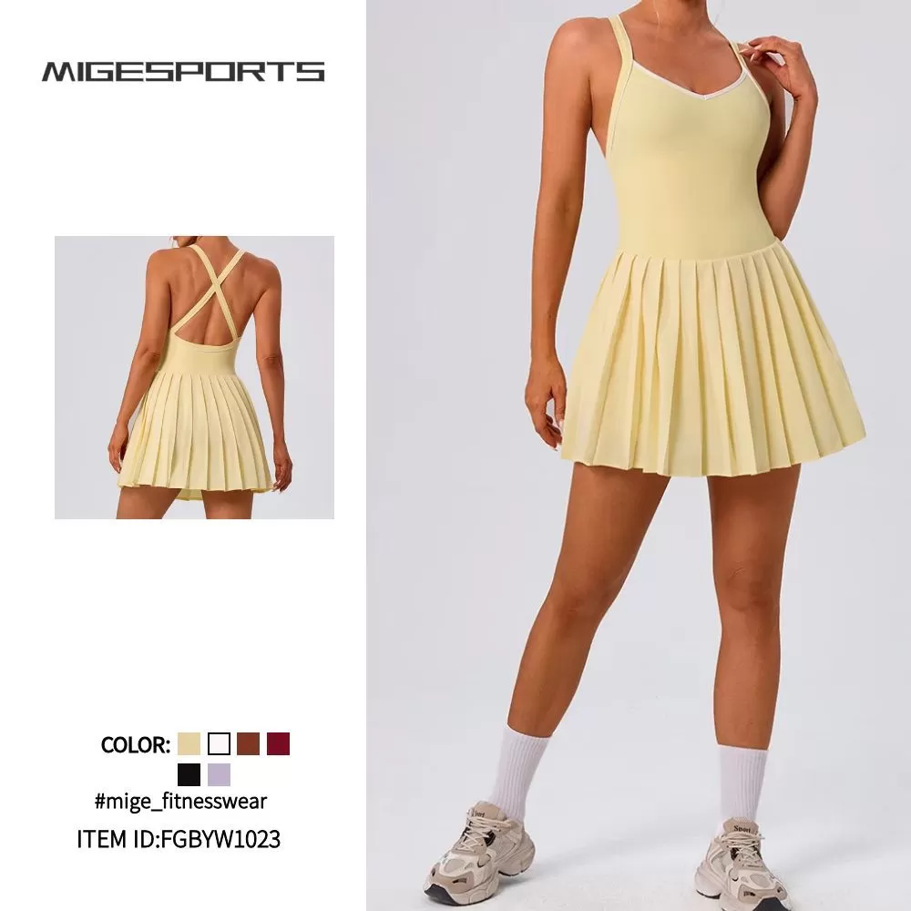 Yoga One-piece Skirt Color Matching Pleated High Elastic Quick-drying Anti-light Golf Tennis V-neck FGBYW1023L