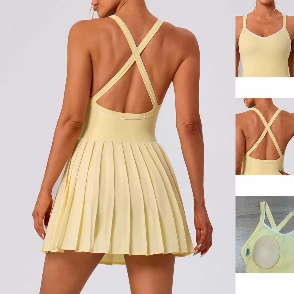 Yoga One-piece Skirt Color Matching Pleated High Elastic Quick-drying Anti-light Golf Tennis V-neck FGBYW1023L