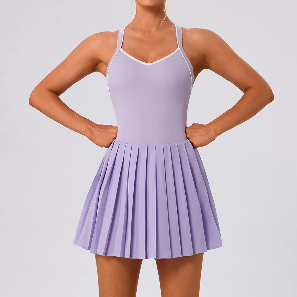 Yoga One-piece Skirt Color Matching Pleated High Elastic Quick-drying Anti-light Golf Tennis V-neck FGBYW1023L