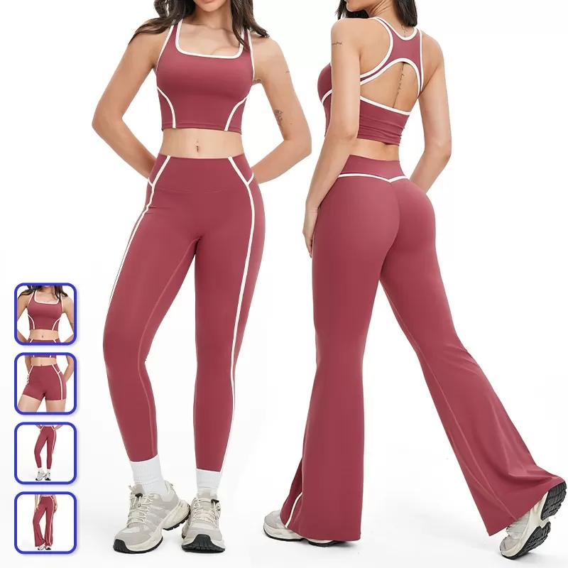 Women Hollow Back Sport Wear Gym Fitness Workout Yoga Crop Top  Cut Flared Wide Leg Sweatpants Four Piece Yoga Sets FGBTZ2101