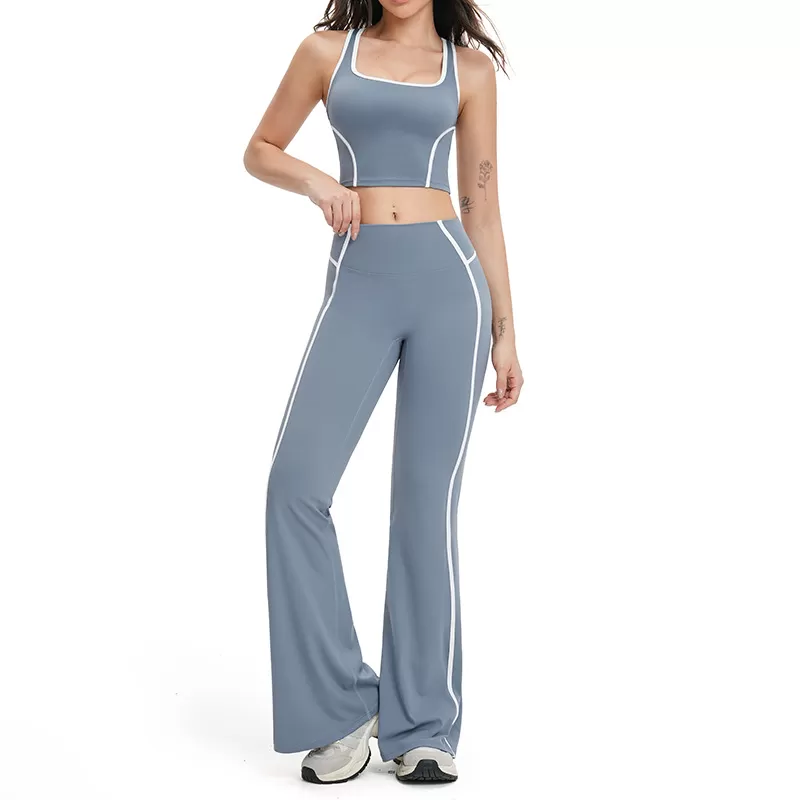 Women Hollow Back Sport Wear Gym Fitness Workout Yoga Crop Top  Cut Flared Wide Leg Sweatpants Four Piece Yoga Sets FGBTZ2101