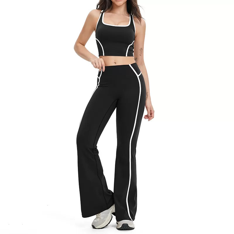 Women Hollow Back Sport Wear Gym Fitness Workout Yoga Crop Top  Cut Flared Wide Leg Sweatpants Four Piece Yoga Sets FGBTZ2101