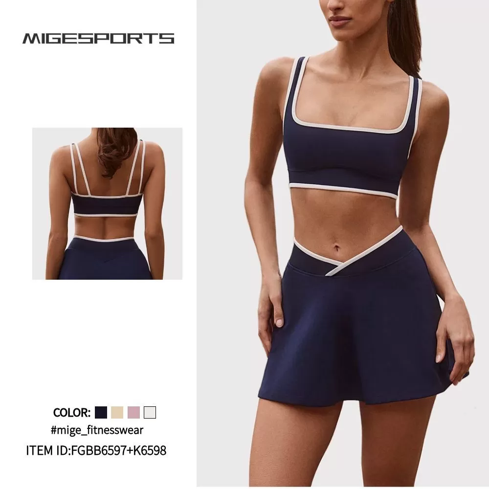 Woman's Sportswear Two-piece Contrast Color Breathable Sports Bra Tennis Skirt Yoga Set FGBB6597+K6598