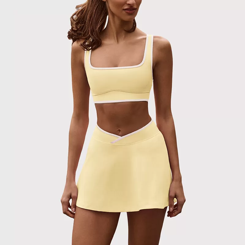 Woman's Sportswear Two-piece Contrast Color Breathable Sports Bra Tennis Skirt Yoga Set FGBB6597+K6598
