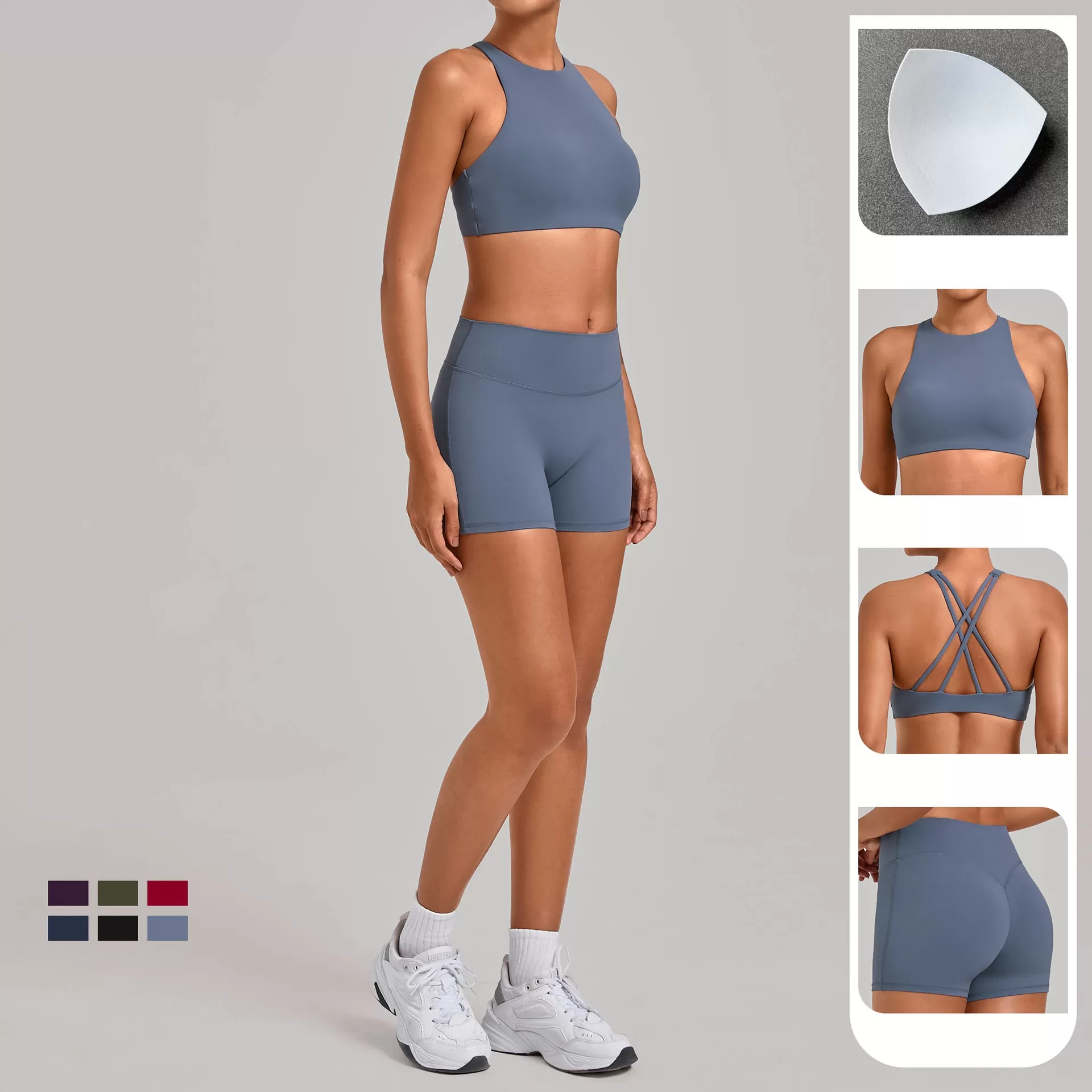 Women's Fitness Two-Piece Set Elastic Waist Sports Bra with Nude Yoga Shorts FGB16786+10160