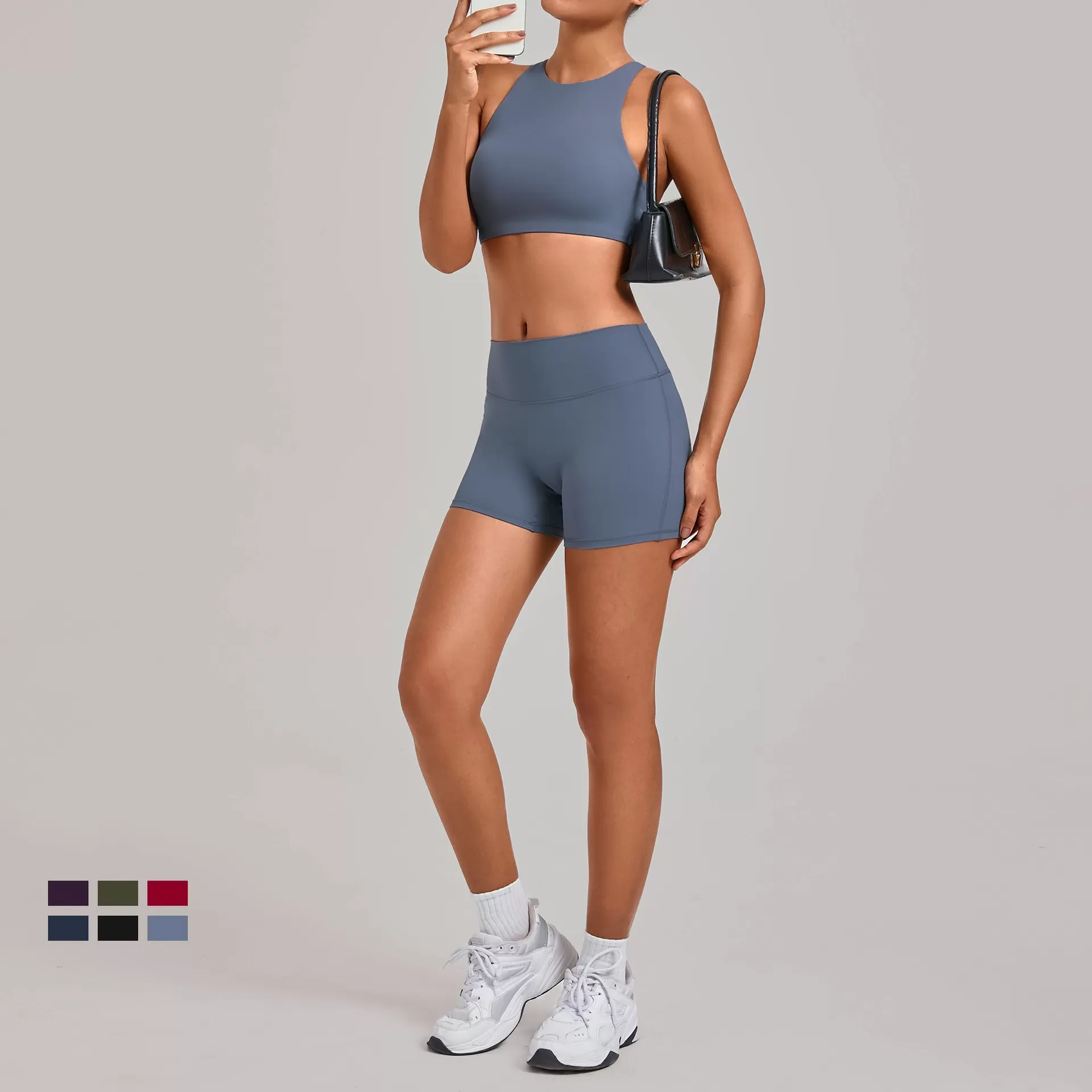 Women's Fitness Two-Piece Set Elastic Waist Sports Bra with Nude Yoga Shorts FGB16786+10160