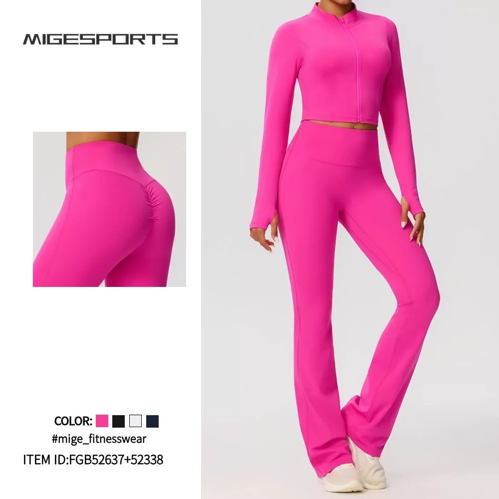 Yoga Flare Pants Jacket Set High Waist Front Zipper Long Sleeve Solid Pattern Short FGB52637+52338