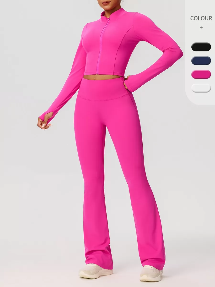 Yoga Flare Pants Jacket Set High Waist Front Zipper Long Sleeve Solid Pattern Short FGB52637+52338