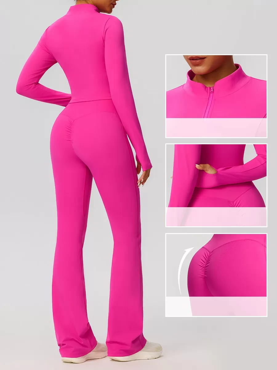 Yoga Flare Pants Jacket Set High Waist Front Zipper Long Sleeve Solid Pattern Short FGB52637+52338