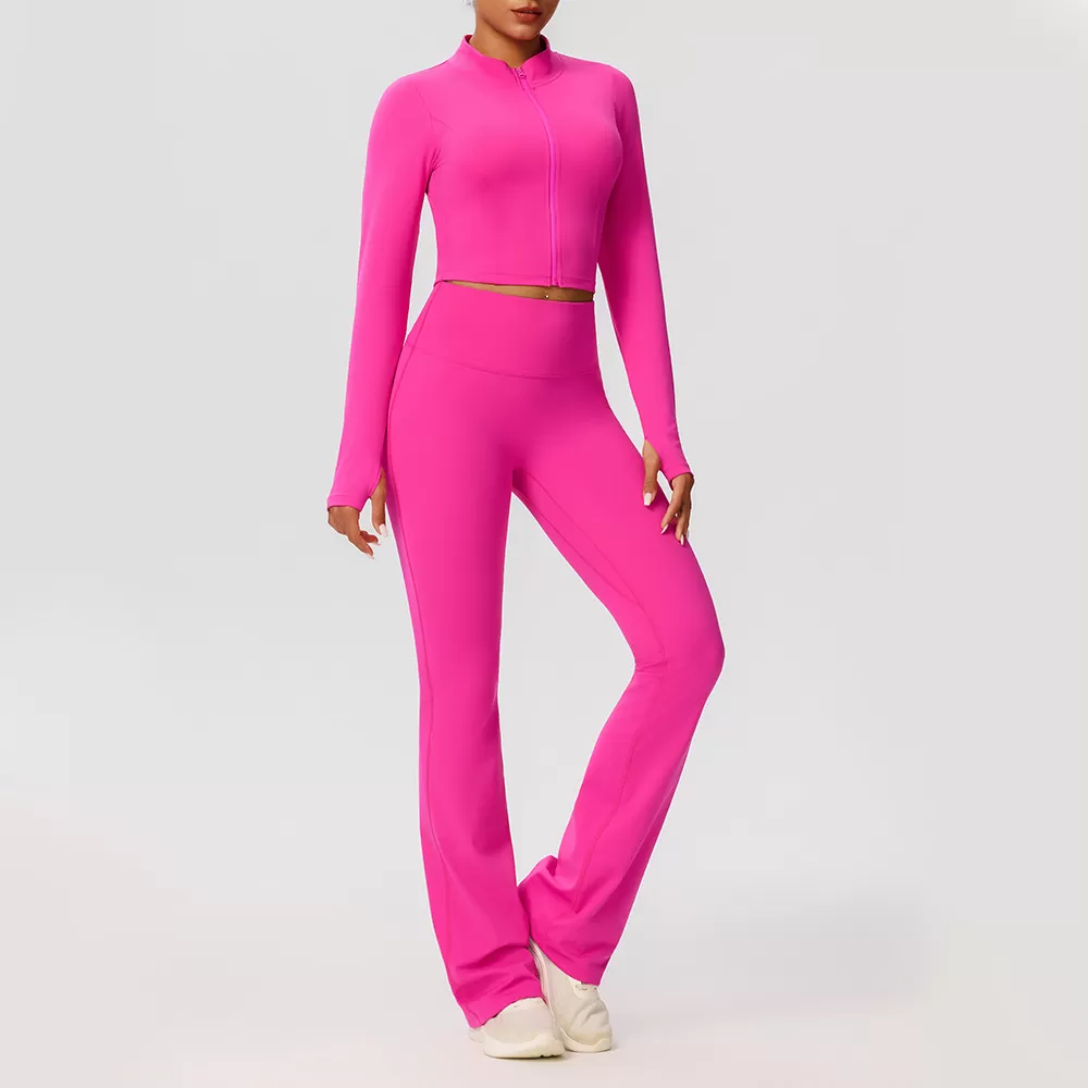Yoga Flare Pants Jacket Set High Waist Front Zipper Long Sleeve Solid Pattern Short FGB52637+52338