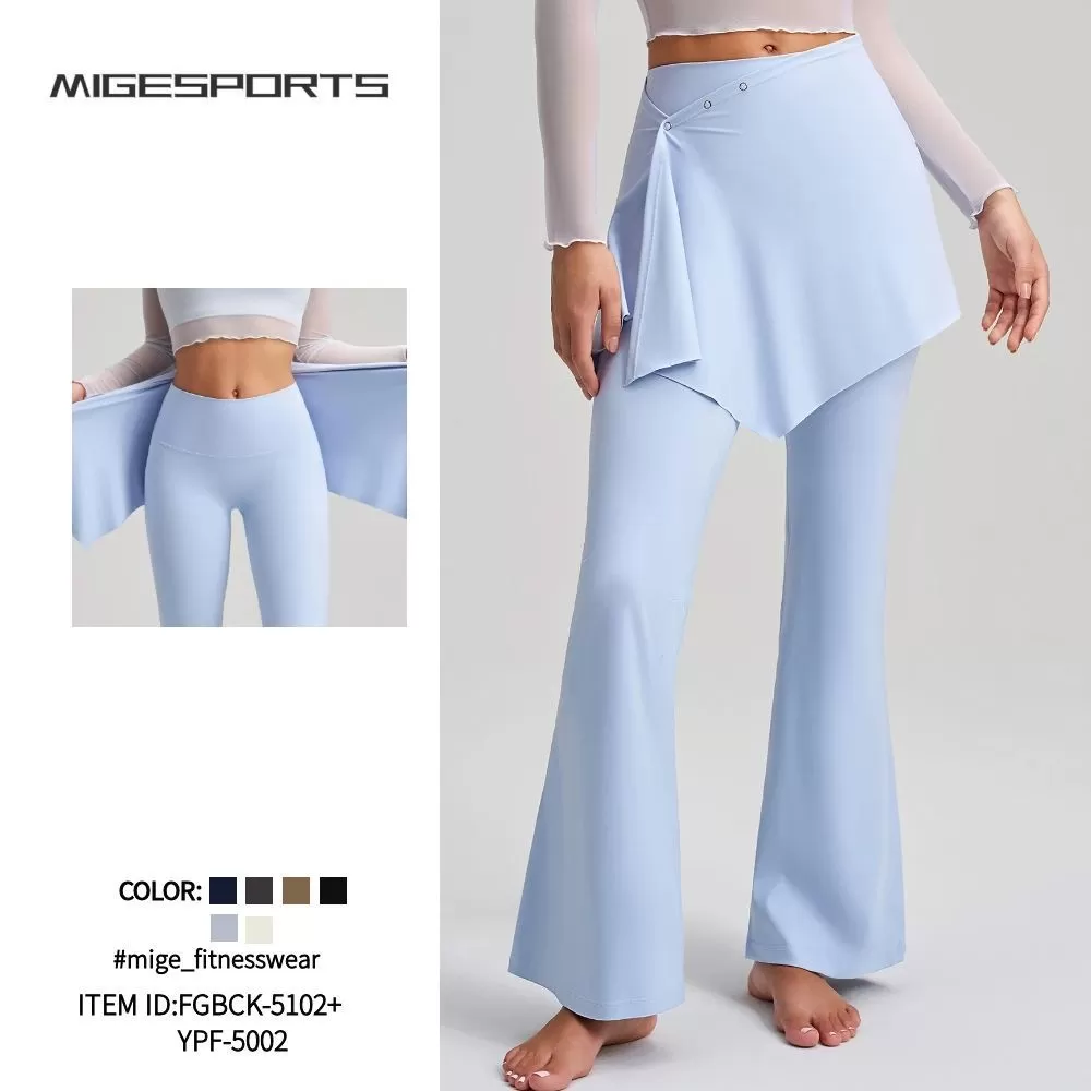 Thin Workout Gym Clothes Flared Fitness Sports Leggings High Waist Flare Yoga Pants with Detachable Skirt for Women FGBCK-5102+YPF-5002
