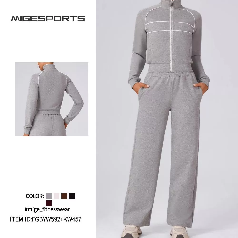 Women Zipper Tracksuits Loose Elastic Trousers Tops Two Piece Sweatsuit FGBYW592+KW457