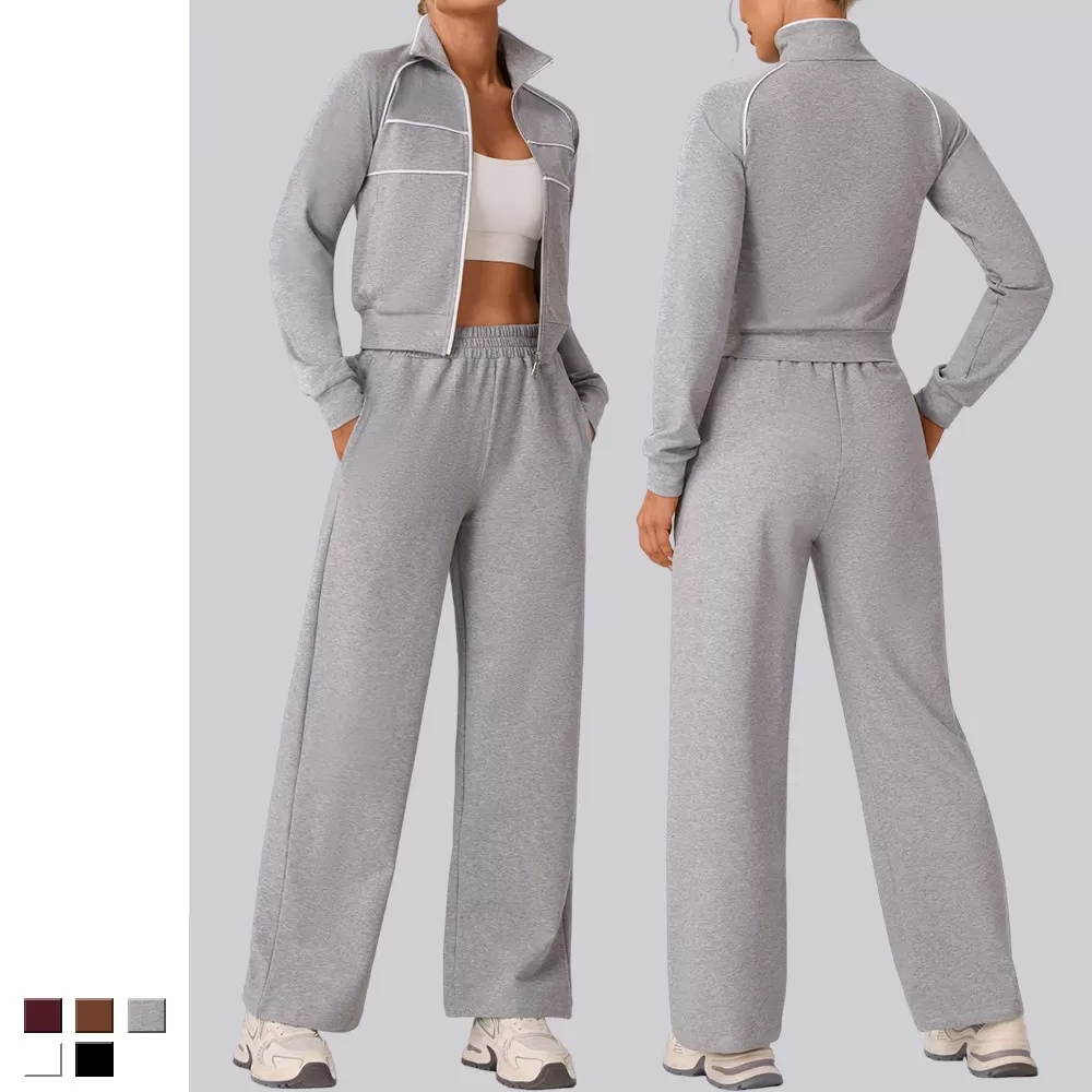 Women Zipper Tracksuits Loose Elastic Trousers Tops Two Piece Sweatsuit FGBYW592+KW457