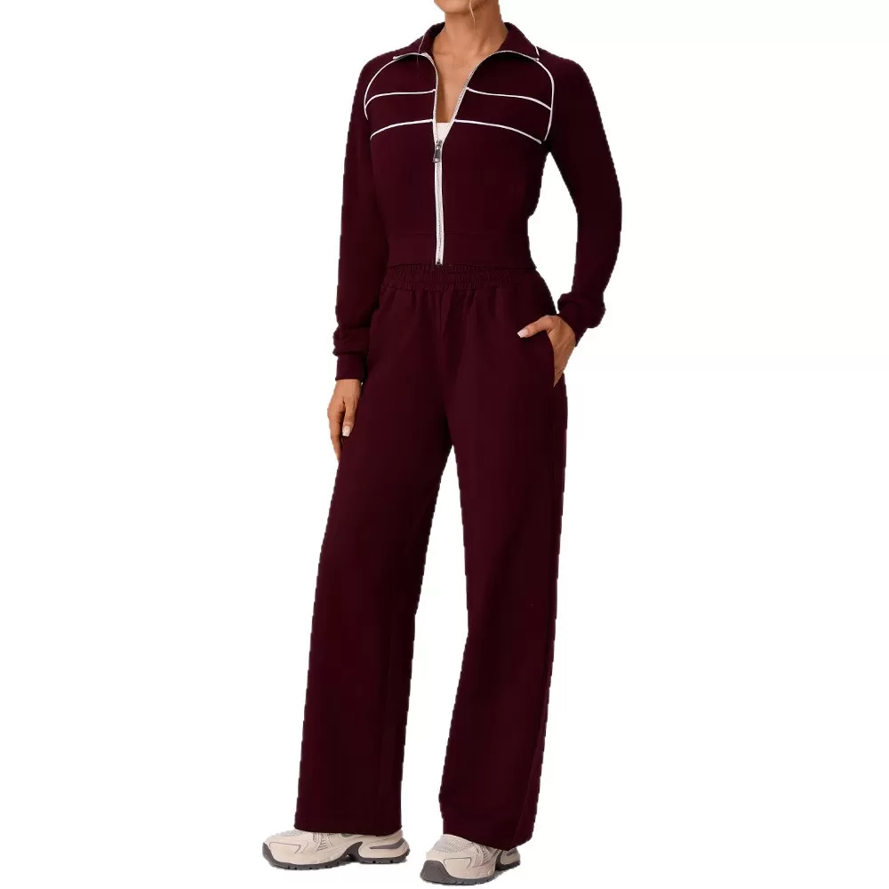 Women Zipper Tracksuits Loose Elastic Trousers Tops Two Piece Sweatsuit FGBYW592+KW457