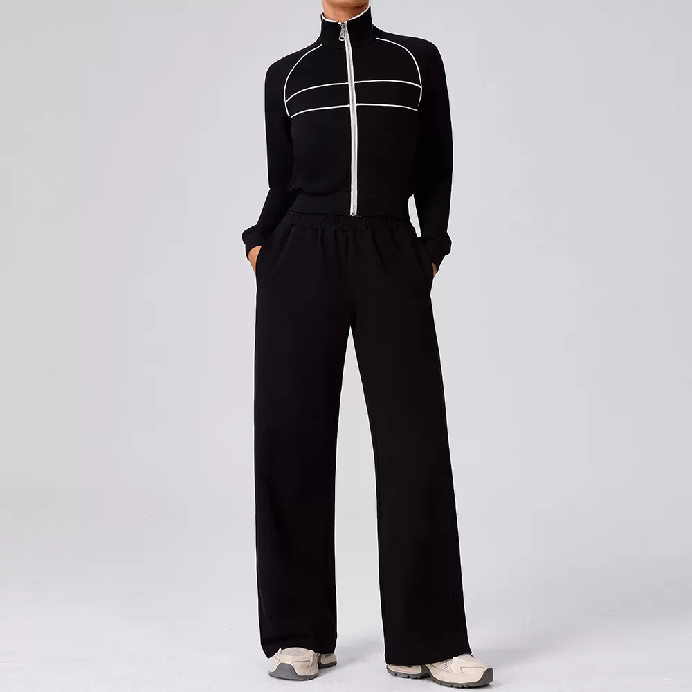 Women Zipper Tracksuits Loose Elastic Trousers Tops Two Piece Sweatsuit FGBYW592+KW457