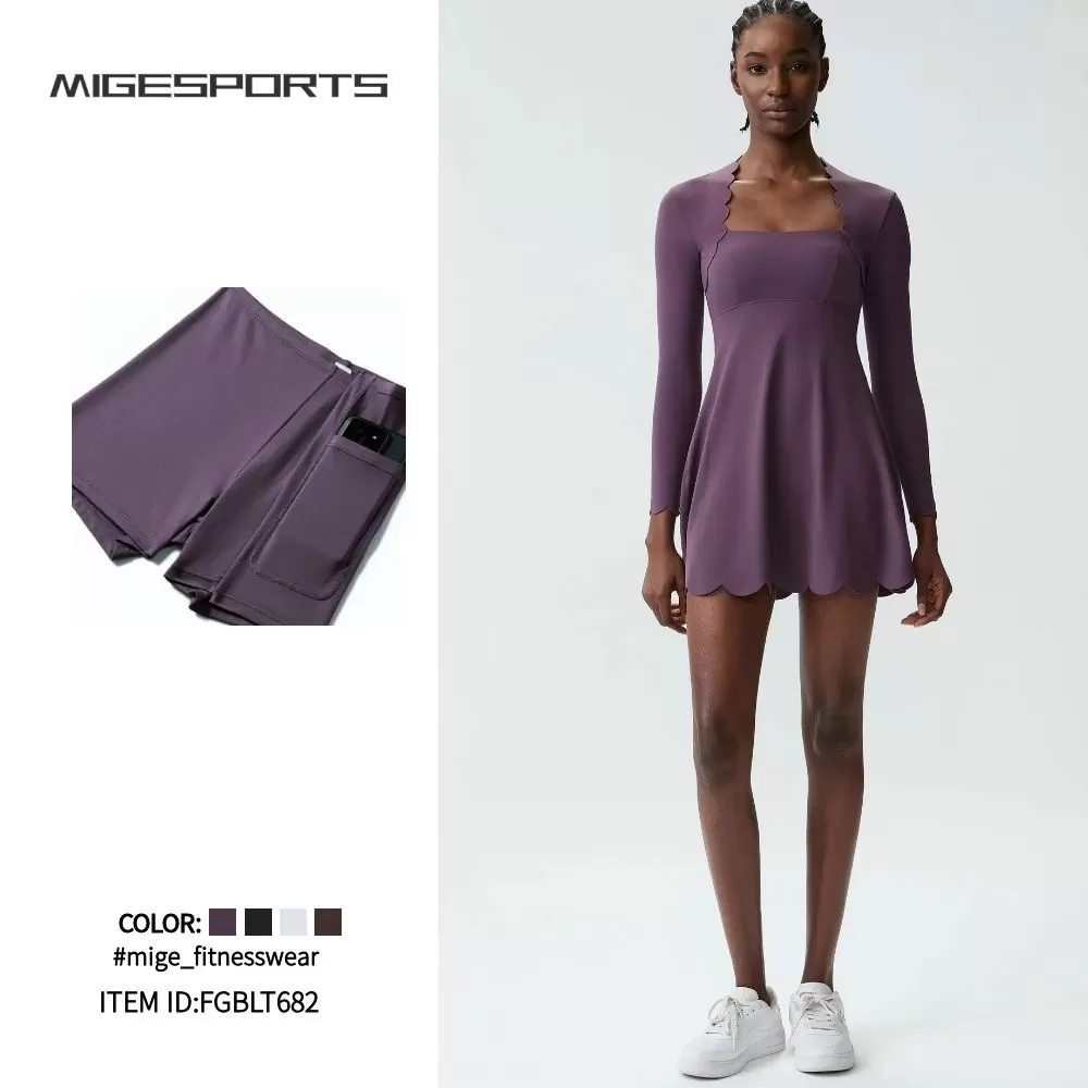 Sports Wear Wave Edge Collar Long Sleeves Skirts Fitness Women Gym Tennis Skirts FGBLT682