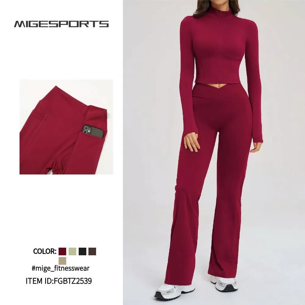 Solid Breathable Spandex/Nylon Women's 2-Piece Zipper Jacket Leggings Set Yoga Wear FGBTZ2539