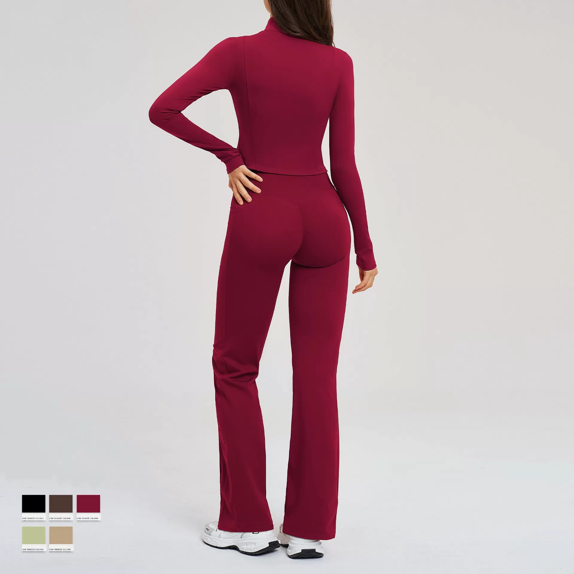 Solid Breathable Spandex/Nylon Women's 2-Piece Zipper Jacket Leggings Set Yoga Wear FGBTZ2539