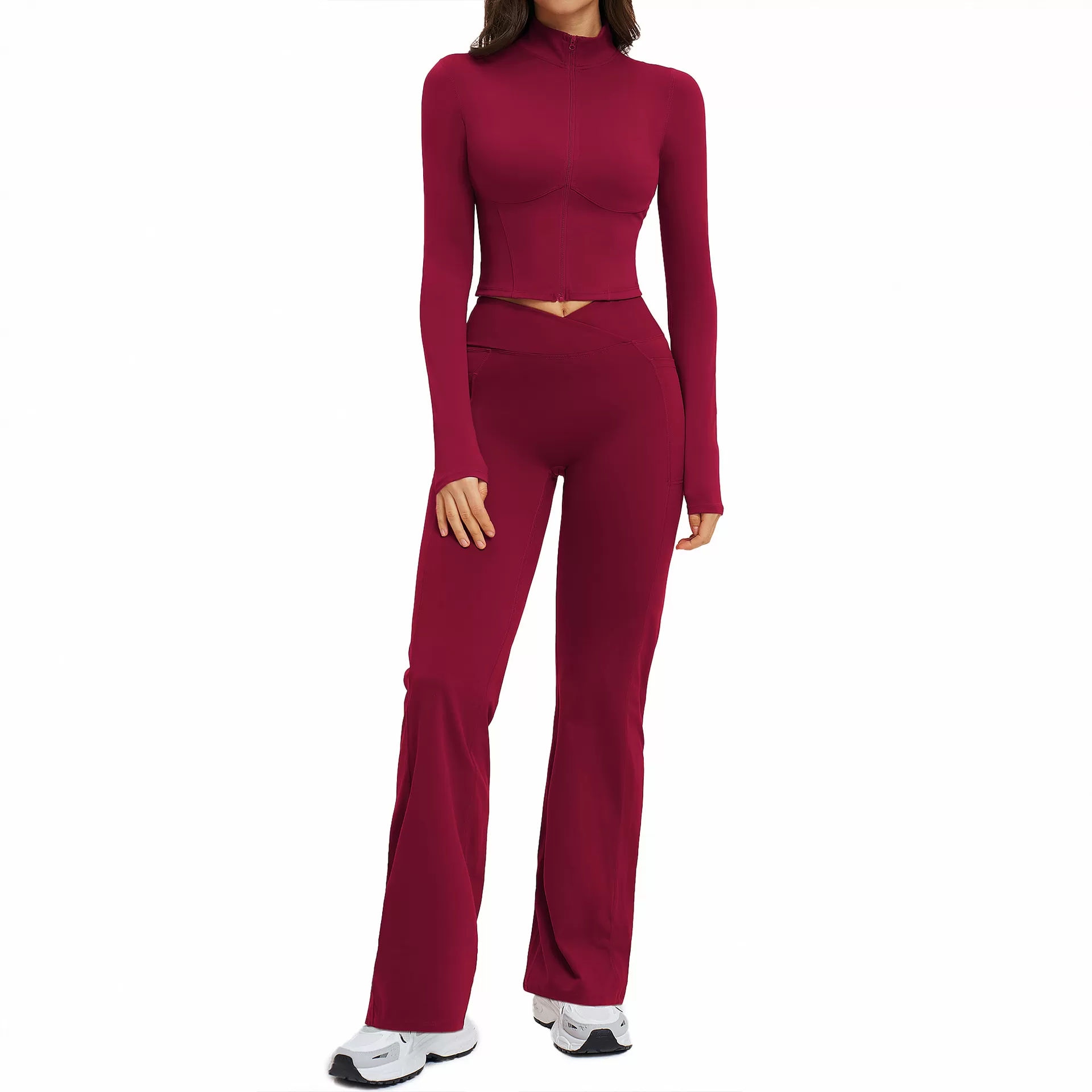 Solid Breathable Spandex/Nylon Women's 2-Piece Zipper Jacket Leggings Set Yoga Wear FGBTZ2539