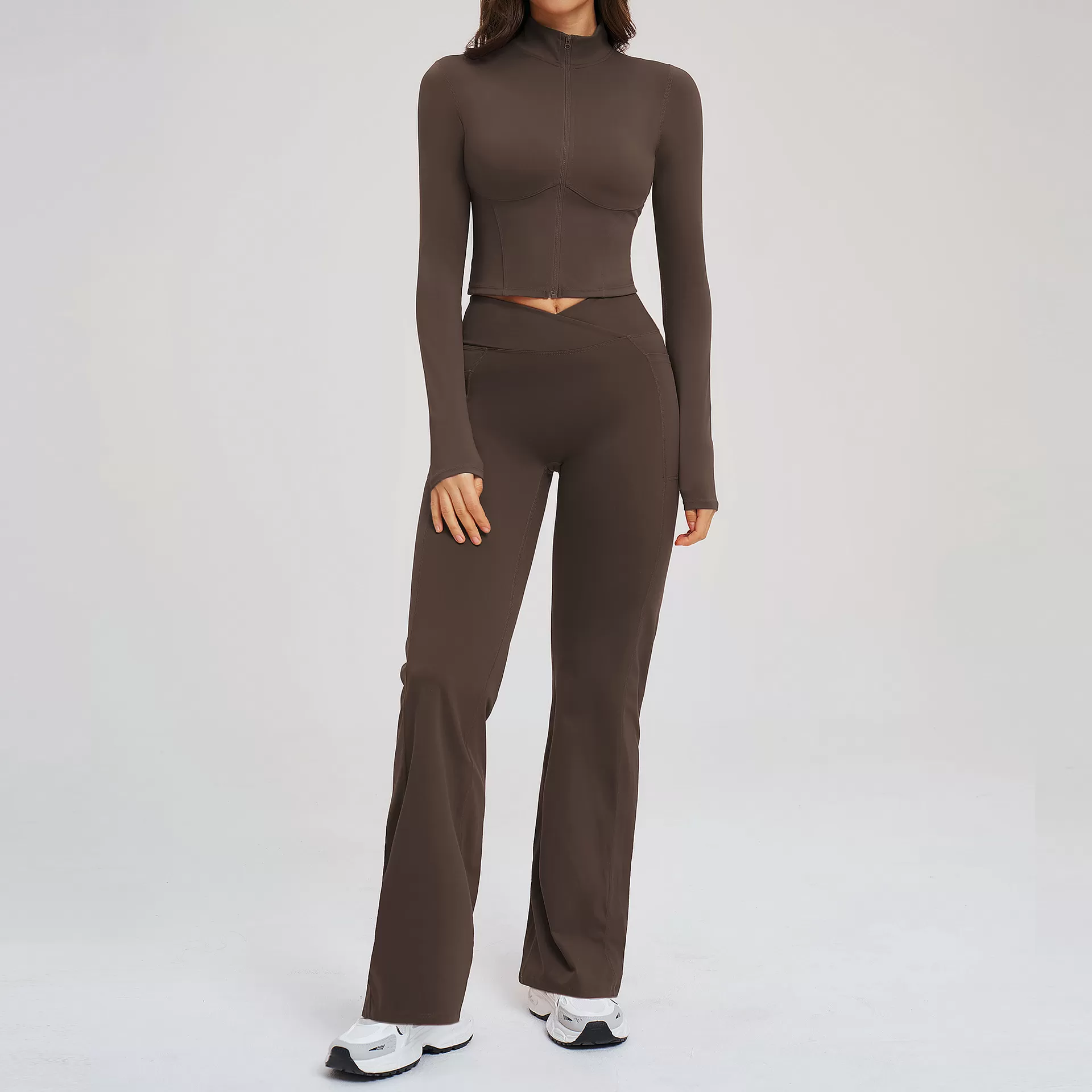 Solid Breathable Spandex/Nylon Women's 2-Piece Zipper Jacket Leggings Set Yoga Wear FGBTZ2539