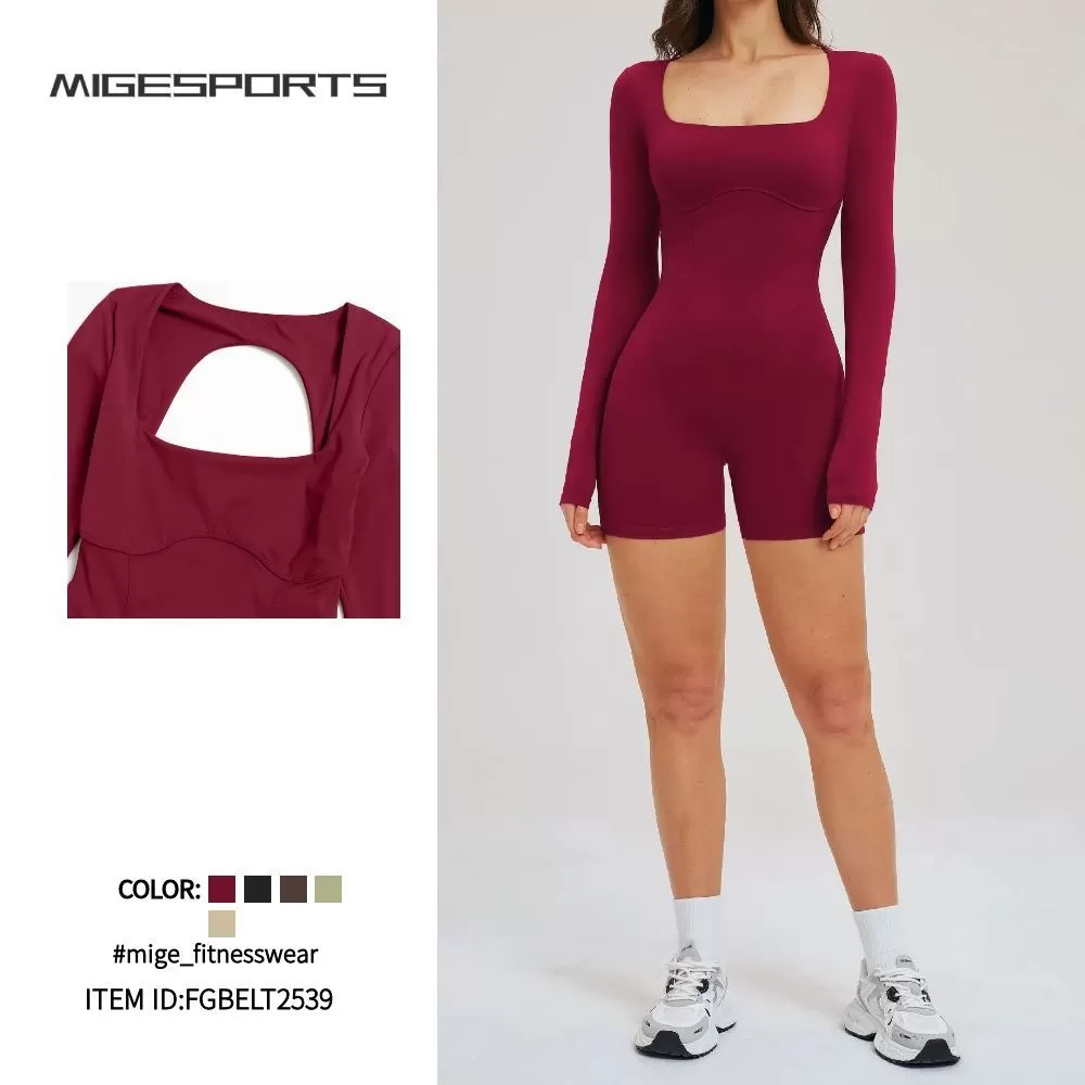 Women's Longsleeve Yoga Romper One Piece Jumpsuit Back Hollow Bodysuit Yoga Activewear FGBELT2539