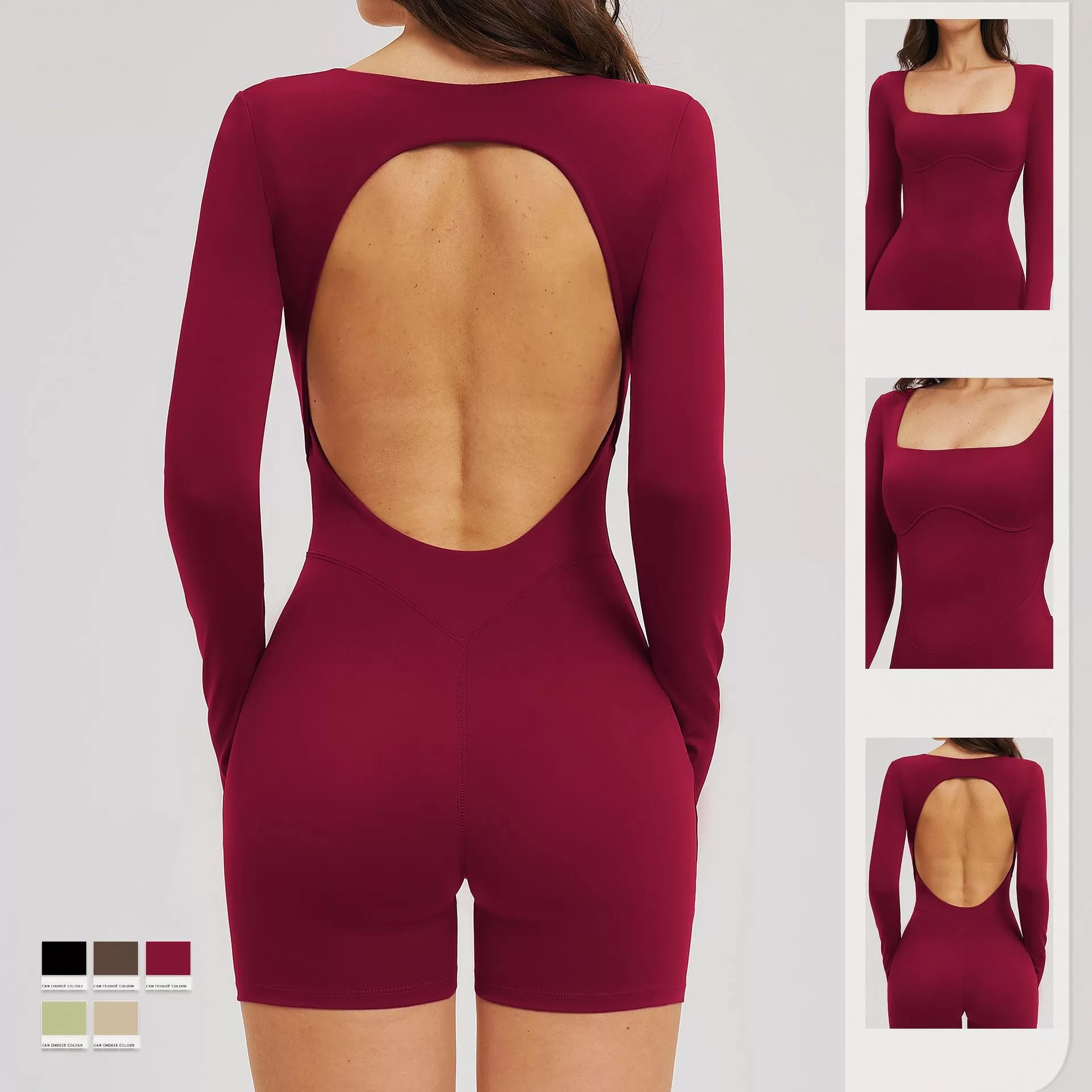 Women's Longsleeve Yoga Romper One Piece Jumpsuit Back Hollow Bodysuit Yoga Activewear FGBELT2539