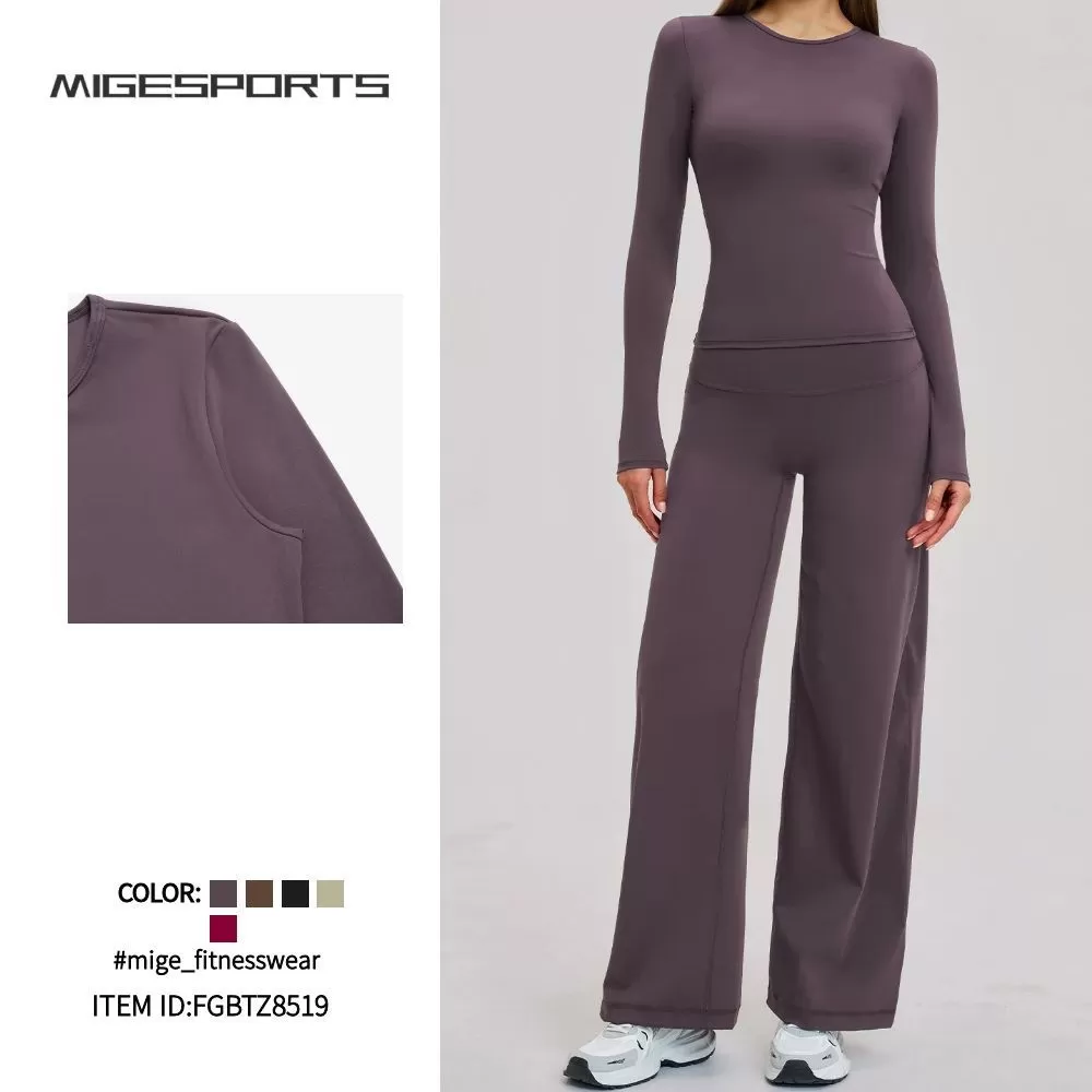 Solid Activewear Long Sleeves Pants 2-Piece Gym Set for Women Four-Way Stretch for Yoga FGBTZ8519