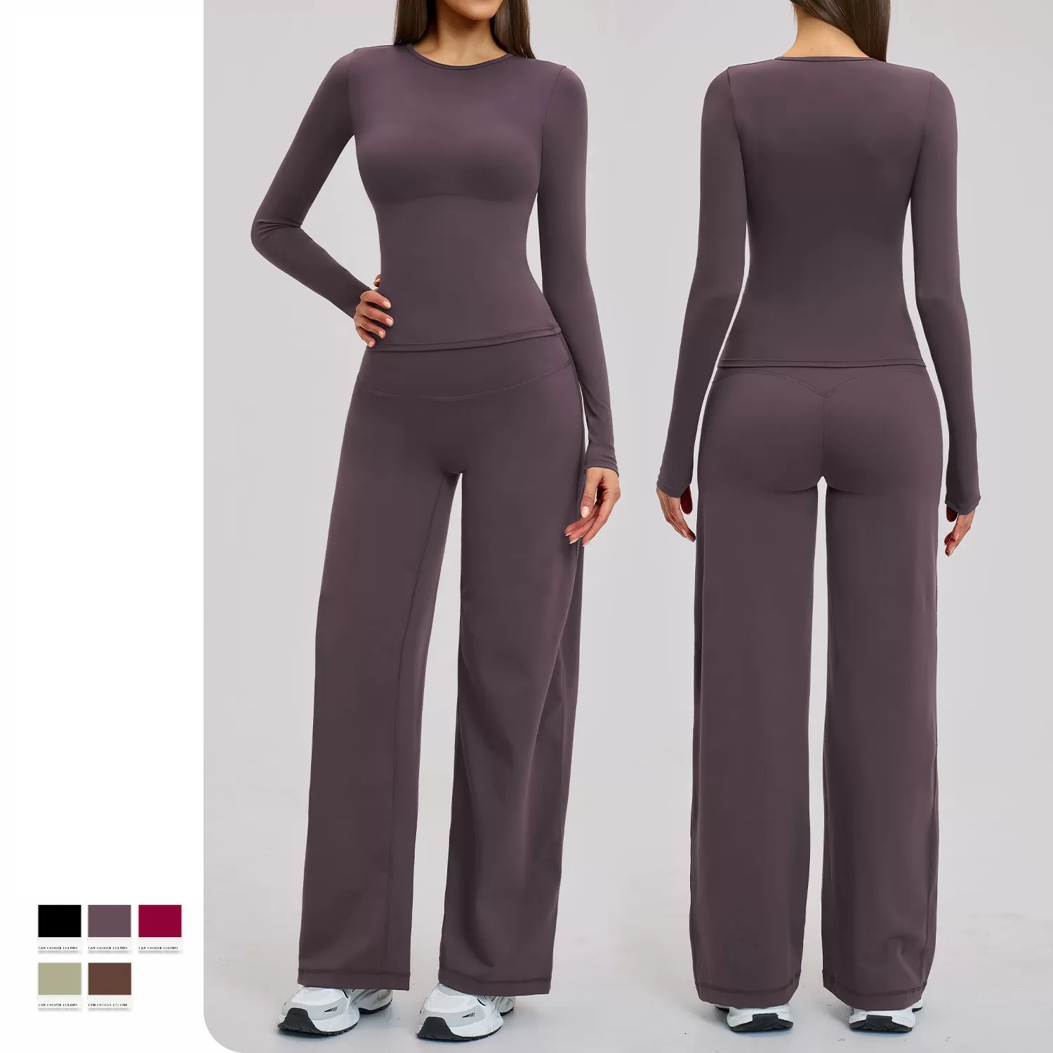 Solid Activewear Long Sleeves Pants 2-Piece Gym Set for Women Four-Way Stretch for Yoga FGBTZ8519