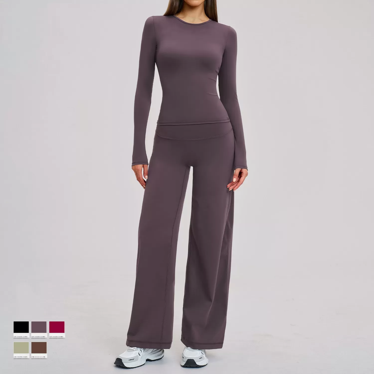 Solid Activewear Long Sleeves Pants 2-Piece Gym Set for Women Four-Way Stretch for Yoga FGBTZ8519