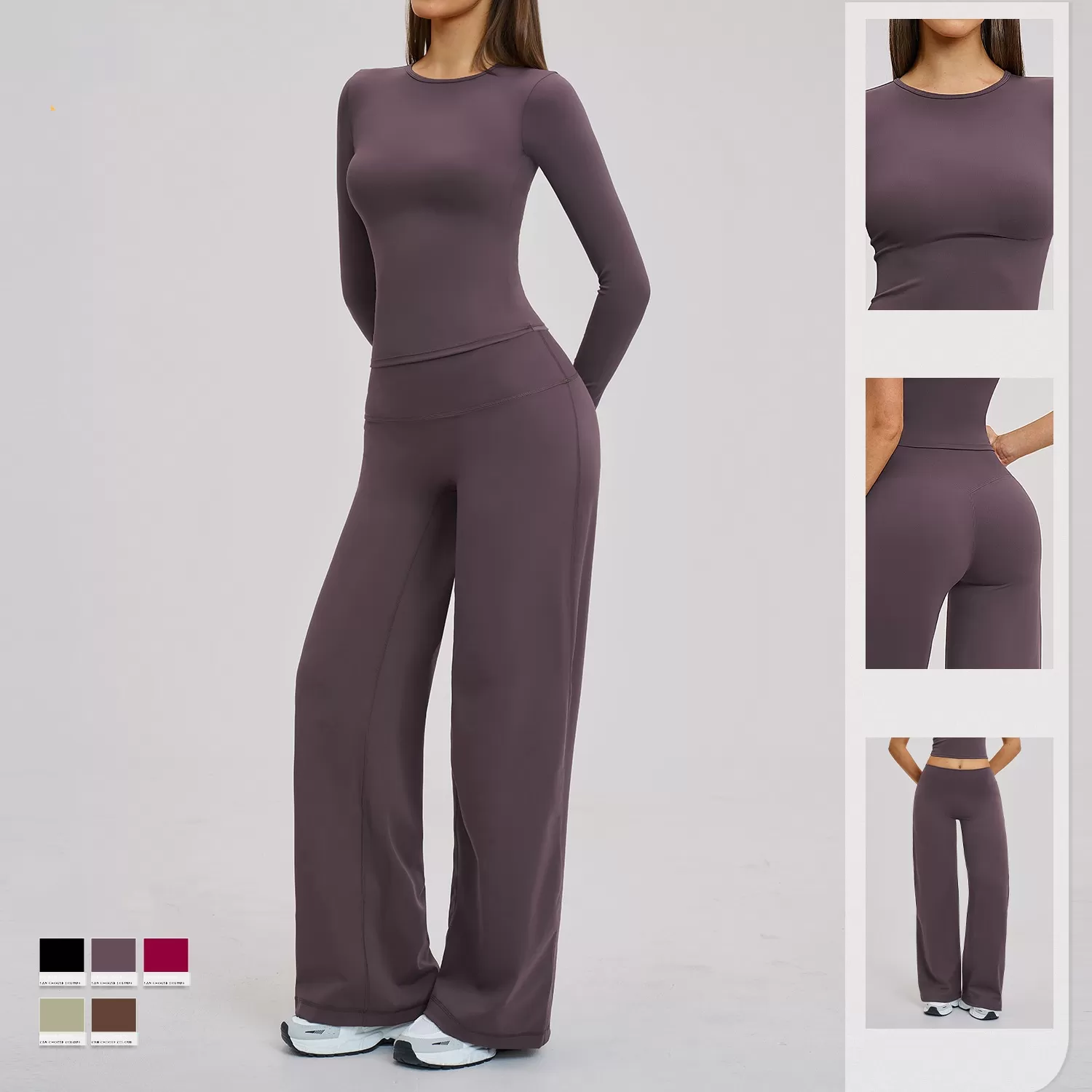 Solid Activewear Long Sleeves Pants 2-Piece Gym Set for Women Four-Way Stretch for Yoga FGBTZ8519